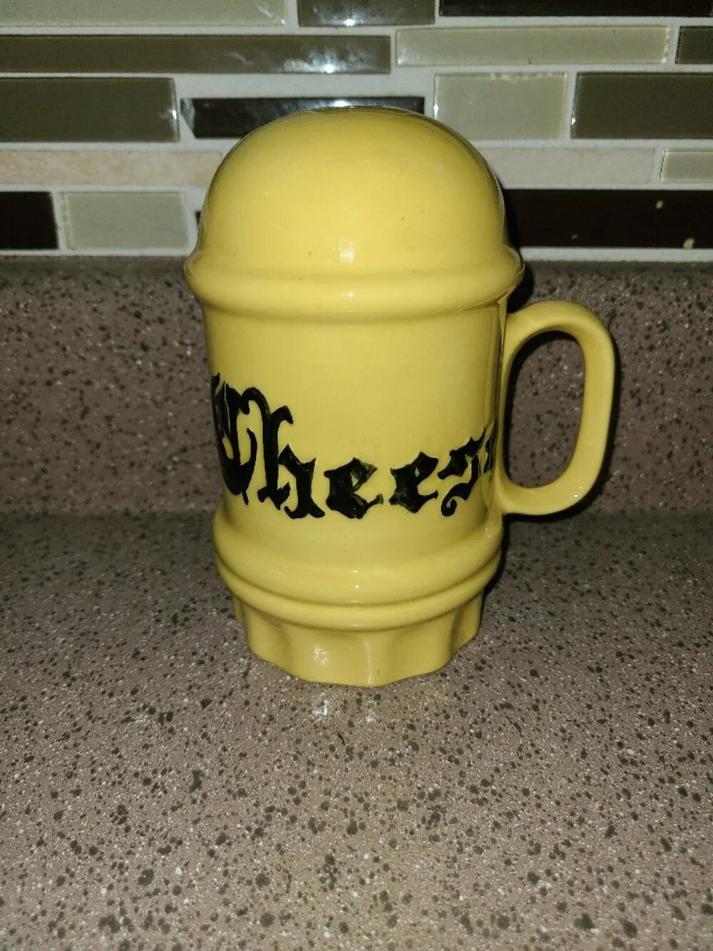 Vintage Ceramic Parmesan Cheese Shaker Yellow Black Mid Century Modern Signed MB